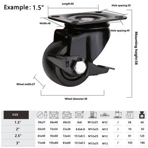 Roda Kastor Putar Atas PP Profil Rendah 2 Inci Pelat Atas Bantalan Ganda dengan Roda Kastor Rem - Product Image 3