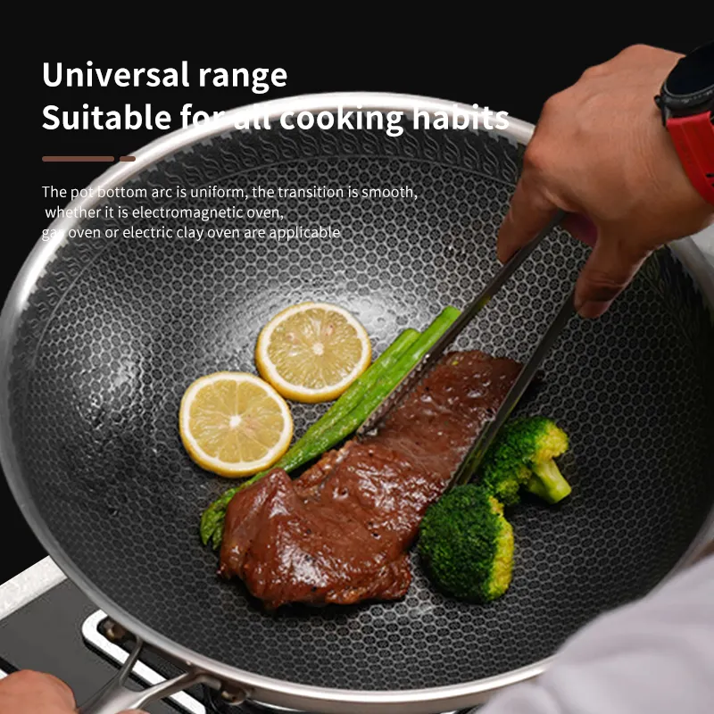 kitchenware 316 stainless steel nonstick pan honeycomb chinese cooking wok frying pan with glass lid