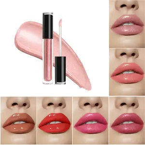 Label pribadi grosir berpigmen tinggi Lip Gloss berkilau kilau bening Logo kustom Vegan Pelembab berkilau lipstik cair