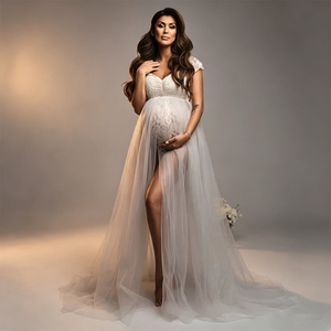 Robe de photographie de maternité européenne-américaine sexy à manches courtes en dentelle et tulle, longue robe de soirée pour femme <span class=keywords><strong>enceinte</strong></span>, costume de séance photo - Product Image 1