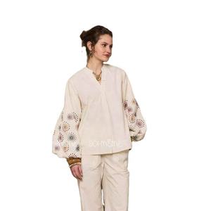 Women's White Retro Vintage ODM Half Placket Embroidered Blouse Loose Slouchy Conventional Sleeve <b>Romantic</b> Shirt - Product Image 1