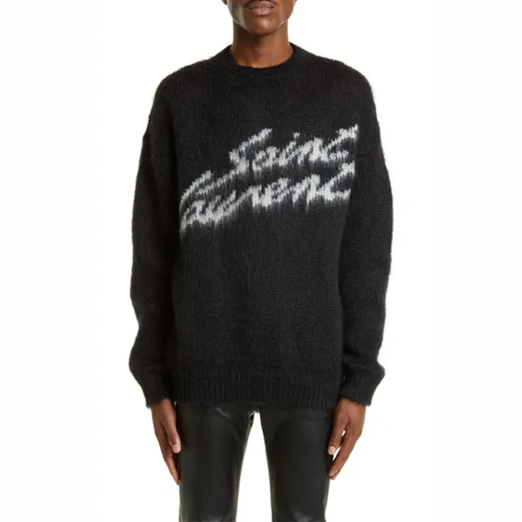 AiNear logotipo personalizado diseñador de lujo de los hombres de mohair jacquard suéteres de punto peludos de lana de mohair personalizado suéter de punto para los hombres