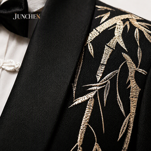 <span class=keywords><strong>Costume</strong></span> pour <span class=keywords><strong>homme</strong></span> au design <span class=keywords><strong>oriental</strong></span> moderne, veste formelle à col châle avec motif bambou doré pour les garçons d'honneur - Product Image 6