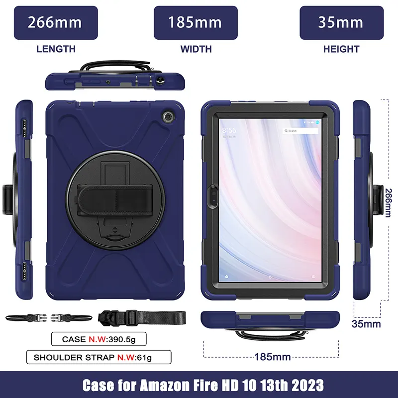 Funda para tableta de silicona gruesa súper protectora para Amazon Kindle Fire HD 10 13th Gen 2023, correa para el hombro, soporte, cubierta resistente