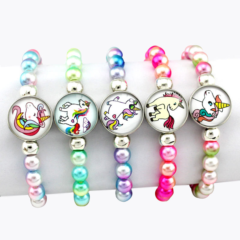 Kids Pearl Beads Elastic Band Bracelet Child Kid Unicorn Charm Personalized  Snap Button Stretchy Beaded Bracelets for Children