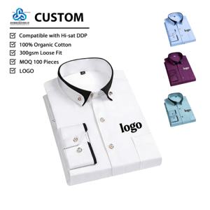 Camisa de Manga Larga de Algodón Orgánico con Cuello Blanco Personalizado, Lisa, con Impresión de Logotipo, para Uniformes de Marca, Venta al por Menor y Exhibición en Tiendas - Product Image 1