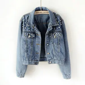 Factory customized button women 5XL outfit jean coat plain fall Beaded pearls clothing wholesale denim jacket for women