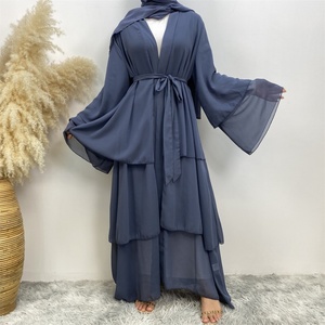 1896# Best Seller Chiffon Open <b>Abaya</b> Solid Color 3 Layered Long Sleeve Dubai Abayas Cardigan Style 9 Colors - Product Image 6