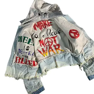 Finch garment custom graffiti printed jacket denim and french terry double layer men's distressed crop jacket hoodie