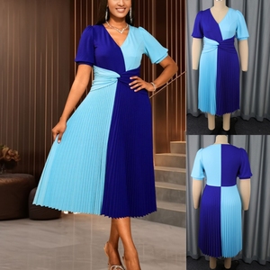 657 à la mode élégant col en V à manches courtes Patchwork torsion taille bleu une ligne plissée grande taille Midi formel femmes tenue décontractée - Product Image 1
