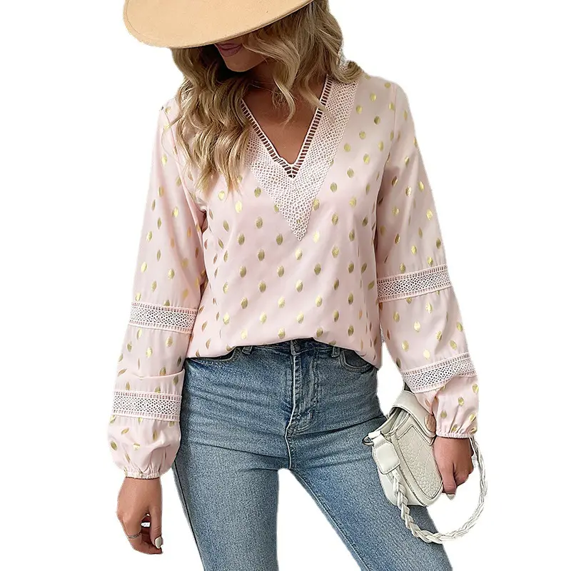 Casual designs pink blouses women tops elegant ladies office hollow out printed gold dot V neck top shirt blouse