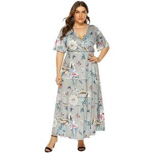 Venta al por mayor <span class=keywords><strong>Mujer</strong></span> Plus tamaño Floral impresión V profundo lazo de la cintura manga corta vestido Maxi - Product Image 3