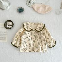 Combinaison bébé Angou, style coréen, automne, 0-2 ans, haut à col de poupée floral, salopette à bretelles, ensemble deux pièces