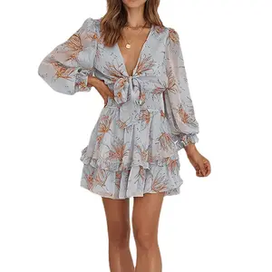 2023 Casual Clothes Women Ruffles Summer Dress Mini Vintage OEM Service Woven Adults Chiffon Floral Empire Printed Mini Skirt