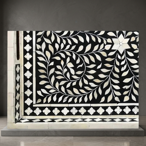 Plateau de service noir en os incrusté de motifs floraux, fait main, motifs de feuilles blanches, décoration de table de luxe pour la maison, vaisselle de table - Product Image 1