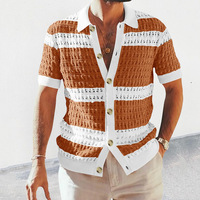 Sommer Neue Mode Atmungsaktiver Gestreifter Einknopf-Cardigan mit Halben Ärmeln aus Polyester Lässiger Lockerer Herren-Strickpullover