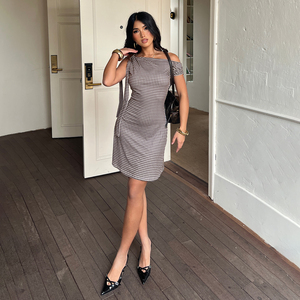 Robe courte à épaules dénudées pour femmes, imprimé à carreaux, style rétro Y2K, robe décontractée tendance pour femmes - Product Image 6