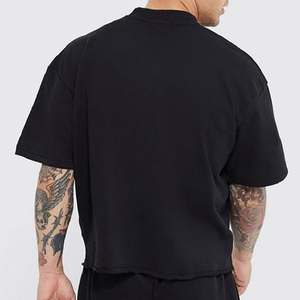 T-Shirt da <span class=keywords><strong>Uomo</strong></span> QIANSHI Nera Abbigliamento Maschile di Alta Qualità 100% Cotone con Spalle Scivolate Oversize e Taglio Corto - Product Image 2