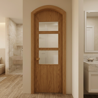 Porte en PVC pressé sous vide avec arche en bois et verre, verre strié pour salle de bain, porte intérieure moderne avec panneau strié givré