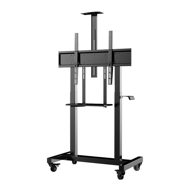 Dual Motor Automatic Height Adjustable Metal Floor Rolling TV Mount Portable Mobile TV Cart 55-100 Inches 100lbs