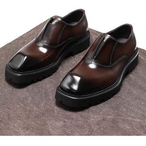 Zapatos de Cuero Cuadrados de Negocios para Hombre, Suela Gruesa, Tacón Elevado, Cierre Deslizante, Parte Superior de Cuero Genuino, Calzado Formal de Otoño - Product Image 1