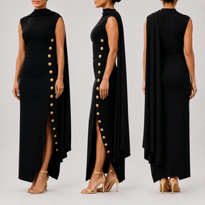 <span class=keywords><strong>Robe</strong></span> de Soirée Personnalisée Femme Sans Manches Col Montant Cape Boutons Dorés Fente Haute Moulante Longue <span class=keywords><strong>Cocktail</strong></span> Formelle Vente en Gros - Product Image 2