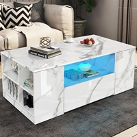 Table basse en bois minimaliste haute brillance avec rangement, lumières LED RGB, 2 tiroirs et étagère ouverte pour salon - Vente en gros