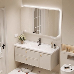 Nouvelle armoire de salle de bain en noyer crème avec <span class=keywords><strong>lavabo</strong></span> intégré, plan de travail et miroir de salle de bain à LED, combinaison élégante - Product Image 1