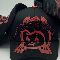 Casquette Trucker Noire Street Snapback avec Imprimé Flamme Rouge, Personnage de Dessin Animé Diable, Broderie de Lettres Gothiques en Strass pour Hommes Mexicains