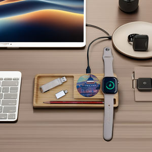Bambú personalizado OEM LED Logo multifunción Oficina Escritorio organizador Reloj auricular Teléfono <span class=keywords><strong>celular</strong></span> Magnético 3 en 1 Cargador inalámbrico - Product Image 1
