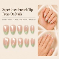 Y86 Kaixin Faux ongles à presser vert doux French Tip Cat Eyes, base rose nude, bordure French, Nail Art