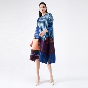 Ropa de mujer de talla grande <span class=keywords><strong>Eaby</strong></span> Casual pliegue cuello redondo estampado digital geométrico nuevo vestido de manga larga para mujer - Product Image 1