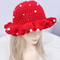 PARTYMENT Gorro de pescador de punto con borde con volantes hecho a mano Gorro de ganchillo con perlas decoradas