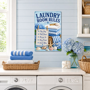 Vintage Coastal Hydrangea <strong>Laundry</strong> Room Rules Tin <strong>Sign</strong> Rustic Metal <strong>Sign</strong> Wholesale Apartment Farmhouse Wall Decor Metal <strong>Sign</strong> - Product Image 3