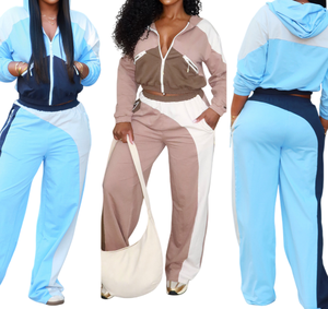 ชุดเซ็ตสองชิ้นสำหรับผู้หญิง Viviblook Z1222ST02 เสื้อคาร์ดิแกนแบบมีซิปสีตัดกัน กางเกงขายาวทรงกว้างเอวยางยืด ชุดกีฬา ไซส์พลัส - Product Image 1