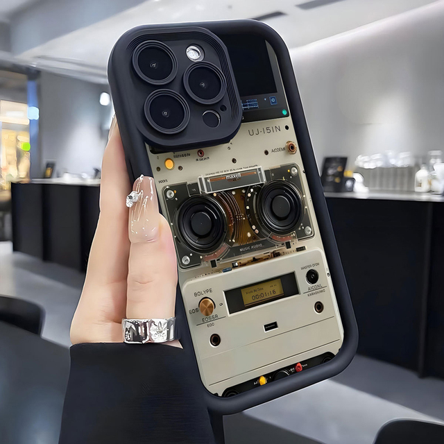 Retro Style Tape Player Print Ladder Lens Style Shockproof TPU Mobile Phone Cover Case for Iphone 12 13 14 15 16 17 18 Pro Max