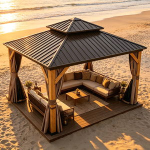 Structure de gazebo en bois de cèdre résistant aux intempéries avec poutres robustes, auvent extérieur avec toit en acier et rideaux - Product Image 2