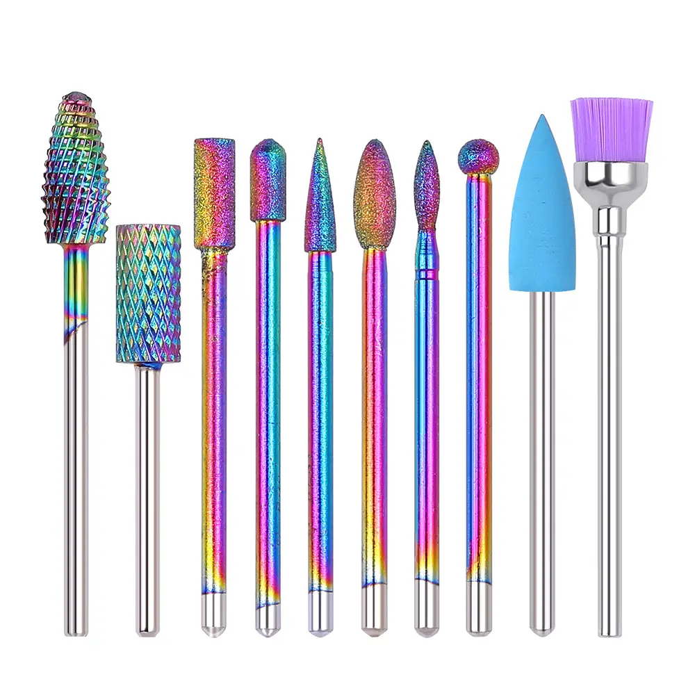 10 In 1 Rainbow Diamond Nail Drill Bit Set 3/32" Milling Cutter For Manicure Rotary Burr Cuticle Bits Drill Accessories