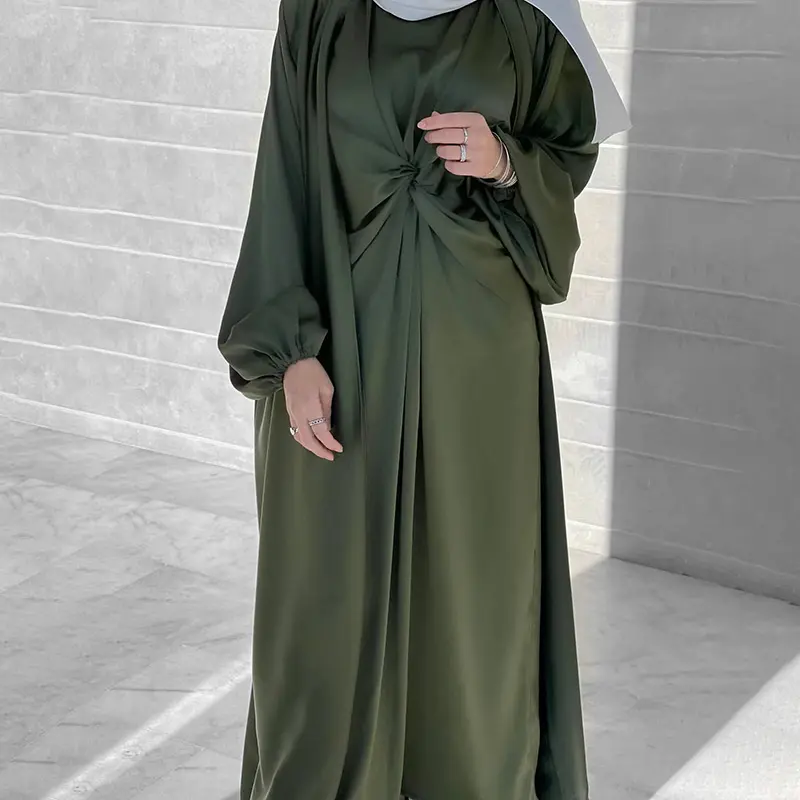 Set Gamis 2 Potong Wanita Muslim Abaya Turkish Dubai, Gamis Terbuka Satin Muslim Islami