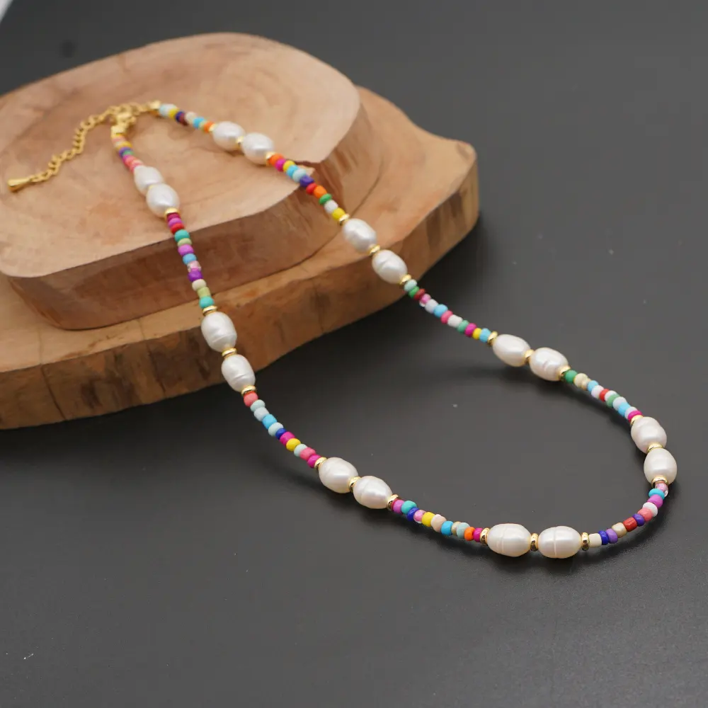 Go2Boho Freshwater Pearl Jewelry Rainbow Bead Jewellery Colorful Bohemian Summer Beach Choker Necklaces for Women