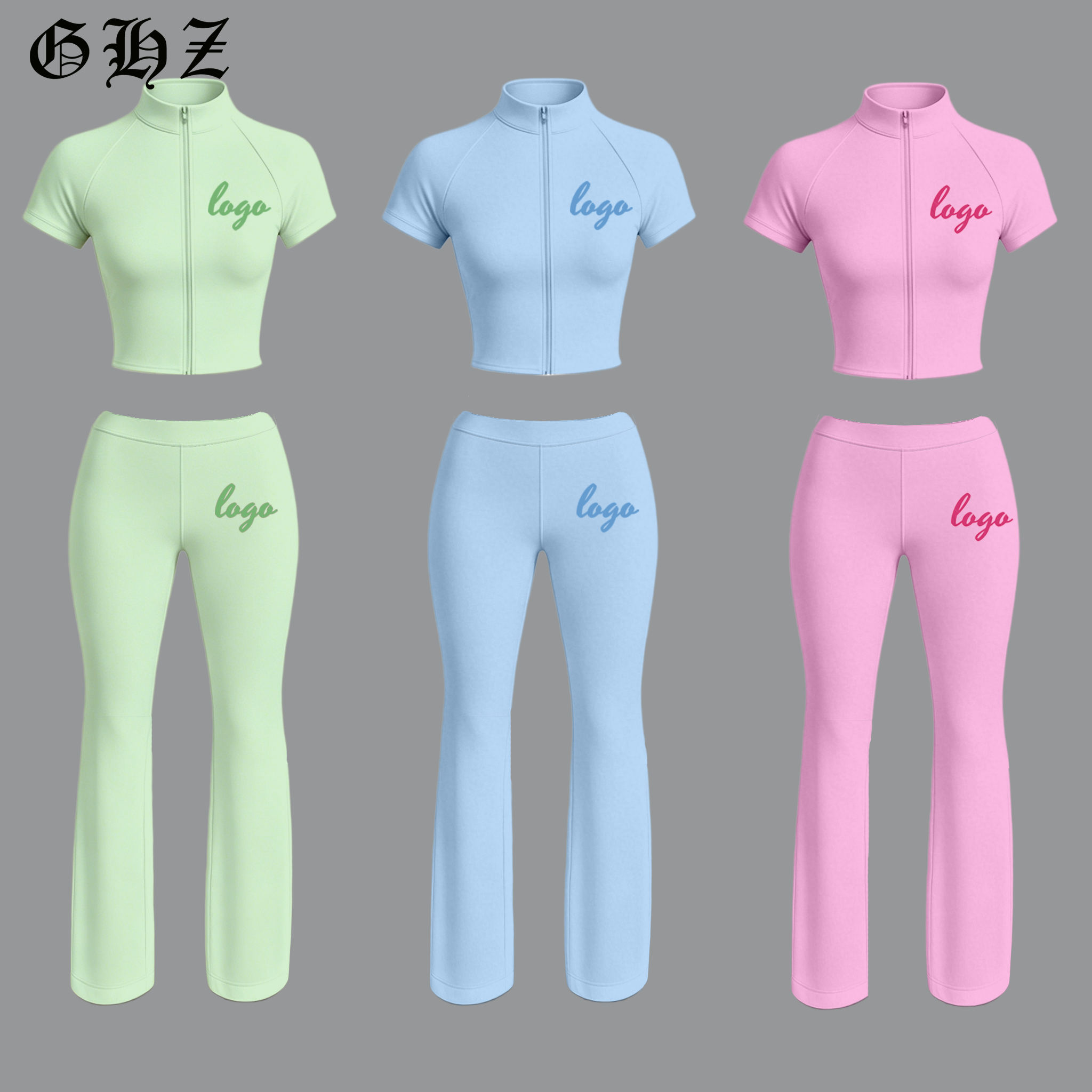 Clothing Manufacturers for Women Yoga Sets Tall Girl Friendly Zip up Short Sleeve Jacket and Flare Pants Women 2 Pieces Set