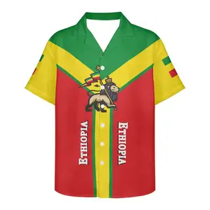 OEM定制短袖埃塞俄比亚狮子男士夏威夷沙滩衬衫成人全印花埃塞俄比亚国旗正式纽扣衬衫