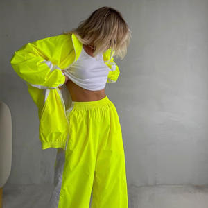 طقم بدلة عتيقة غير رسمية 2 في 1 للنساء فضفاض سستة سترة مرنة الخصر بالإضافة إلى حجم اللون على النقيض الصيف - Product Image 3