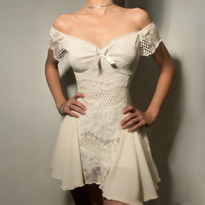 Robe mini chic sans col à bordure en dentelle, imprimé numérique uni, coupe trapèze évasée, flatteuse pour la silhouette, pour femme, idéale pour les soirées - Product Image 4