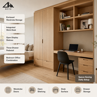 Armoire moderne aspect bois clair avec bureau intégré, étagères ouvertes et meuble de rangement à trois tiroirs