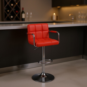 Tabouret de bar en similicuir rouge, cadre en acier réglable, base chromée, mobilier de bar moderne pour la maison - Product Image 2