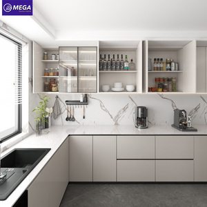 Gabinetes de <span class=keywords><strong>Cocina</strong></span> Modernos en Forma de L sin Tiradores, con Estantes Abiertos y Puertas de MDF, Armarios de <span class=keywords><strong>Cocina</strong></span> Personalizados de Fábrica - Product Image 1