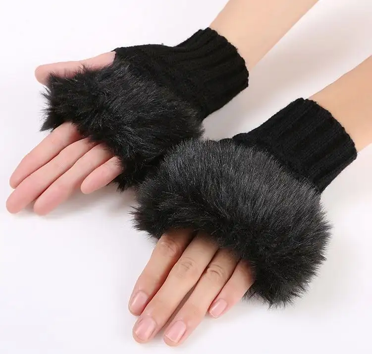 Wholesale Women Winter Plush Faux Fur Knitted Gloves Keep Warm Fashionable Short Mitten For Ladies G044A