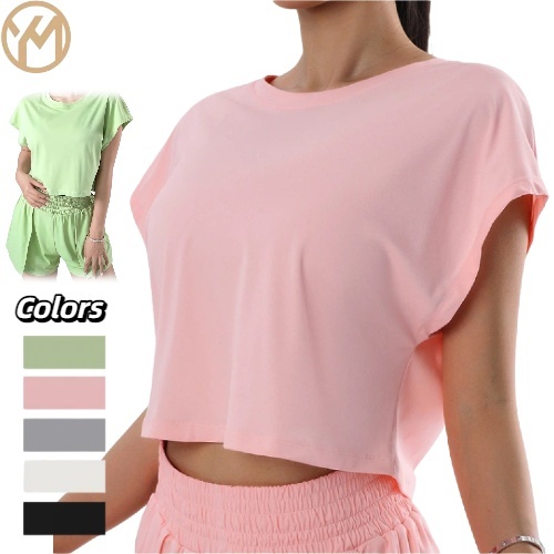 Yimo Women Round Neck Short Sleeves Workout Shirt Female Loose Simple Yoga Top Lady Quick Drying Solid Color Running T-shirt