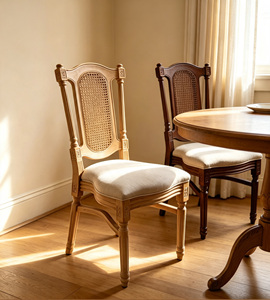 Silla <span class=keywords><strong>de</strong></span> Comedor <span class=keywords><strong>de</strong></span> Ratán y Madera Vintage Francesa, Silla Lateral con Respaldo <span class=keywords><strong>de</strong></span> Madera Maciza y Asiento Acolchado para Bodas, Restaurantes y Hogar - Product Image 2